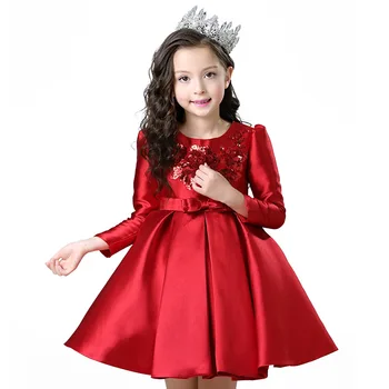 

Autumn Winter Girls Dress Red Tulle Long Sleeve Party Girls dresses Teenagers Sequins Birthday children Graduation Piano Dress