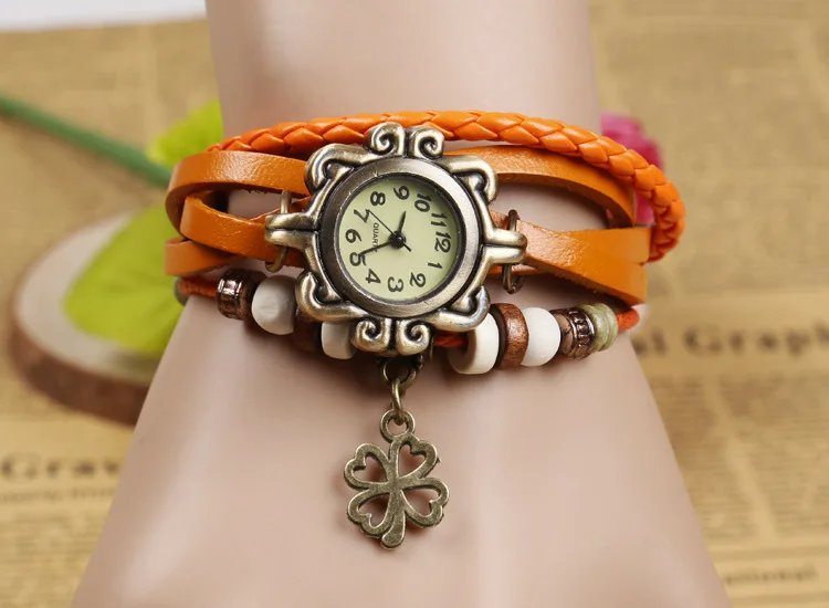 Модные браслеты, женские часы, часы с четырехлистным клевером, женские ретро часы с браслетом - Цвет: Yellow
