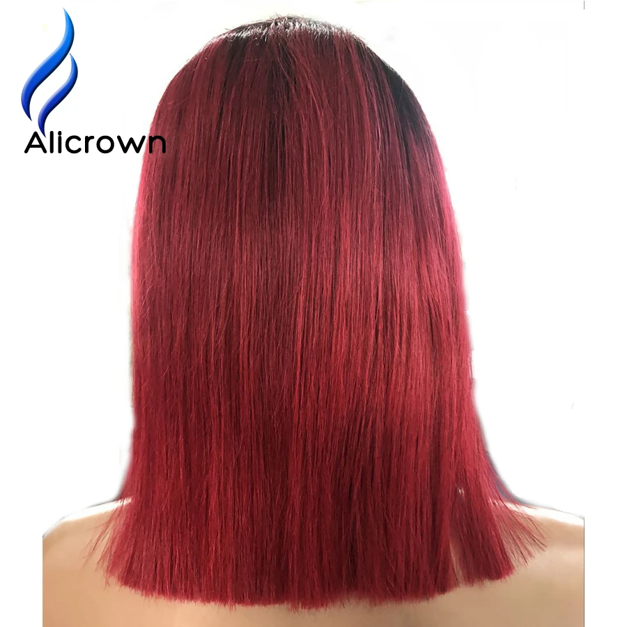 ALICROWN Ombre 1b/красный короткий Боб кружева передние человеческие волосы обесцвеченные парики вида шишка-пучок средней части бразильские Remy цветные парики шнурка Полный конец