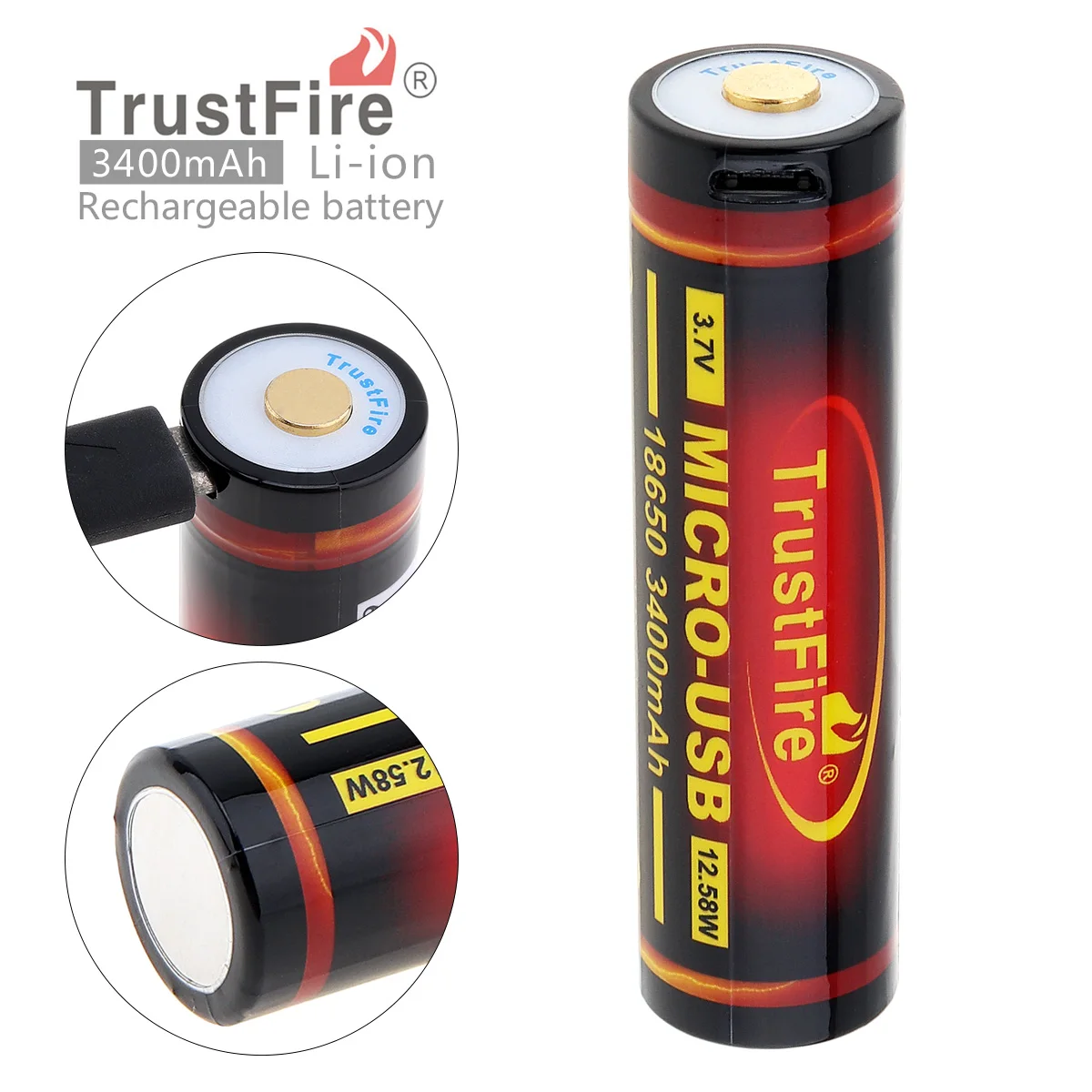 

TrustFire 3.7V 3400mAh 12.58WH 18650 Lithium Li-ion Rechargeable Battery with Micro USB Protected DC-Charging Intelligent Cell