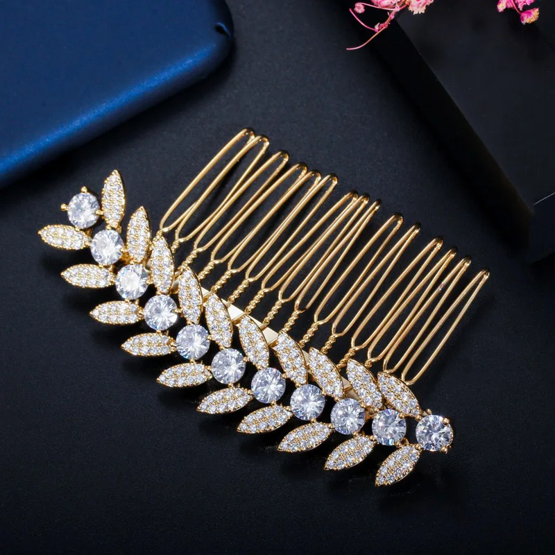 CWWZircons Luxury White Gold Color Shiny Cubic Zirconia Stone Leaf Bridal Wedding Hair Combs Pins Jewelry Accessories A011