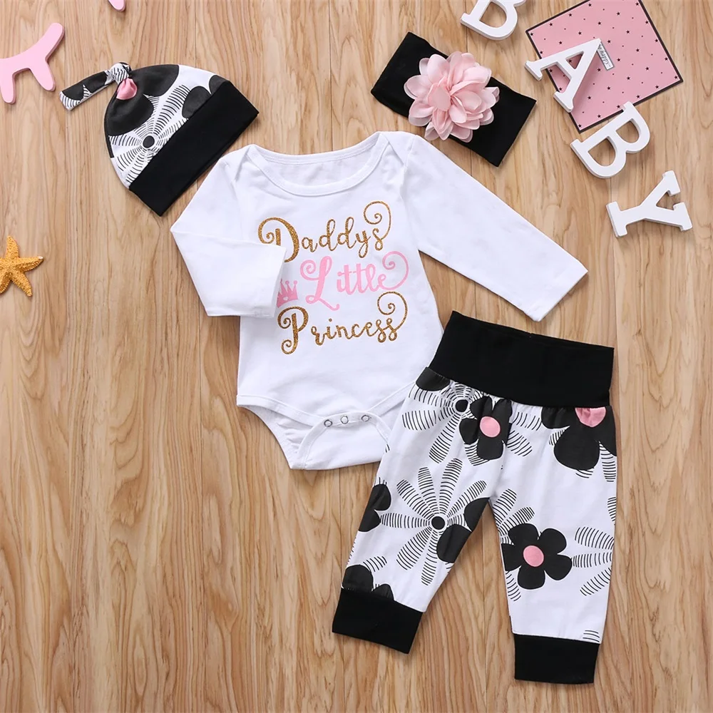 4 предмета, Одежда для новорожденных девочек одежда с цветочным рисунком хлопковый комбинезон с принтом букв, комбинезон, комплект со штанами на возраст от 0 до 24 месяцев