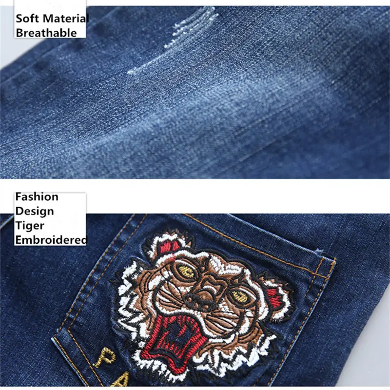 4 Children Clothing Baby Boys Jeans Kids Boy Denim Pants Scratch Tigher Embroidered Letter Teens Trousers Casual Elastic Waist