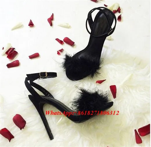 

Sapatos Femininos Summer Suede Ladies Shoes For Party Open Toe Sexy Gladiator High Heels Feather Fur Ankle Strap Sandals Woman