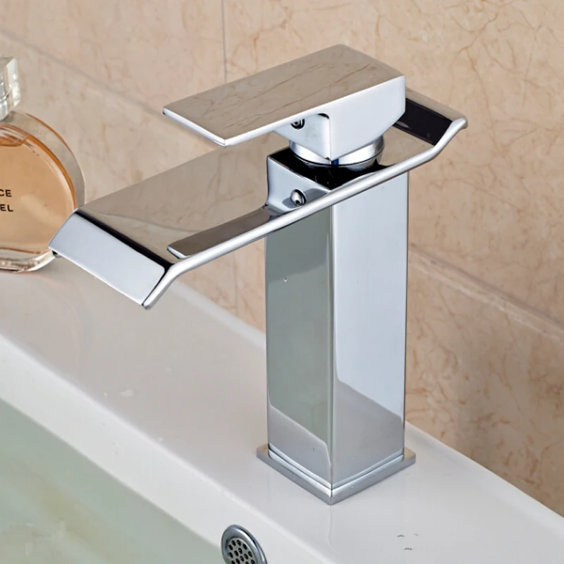 Waterfall Spout Bathroom Sink Faucet Soli Brass Single Handle Hole Mixer Tap Deck Mounted