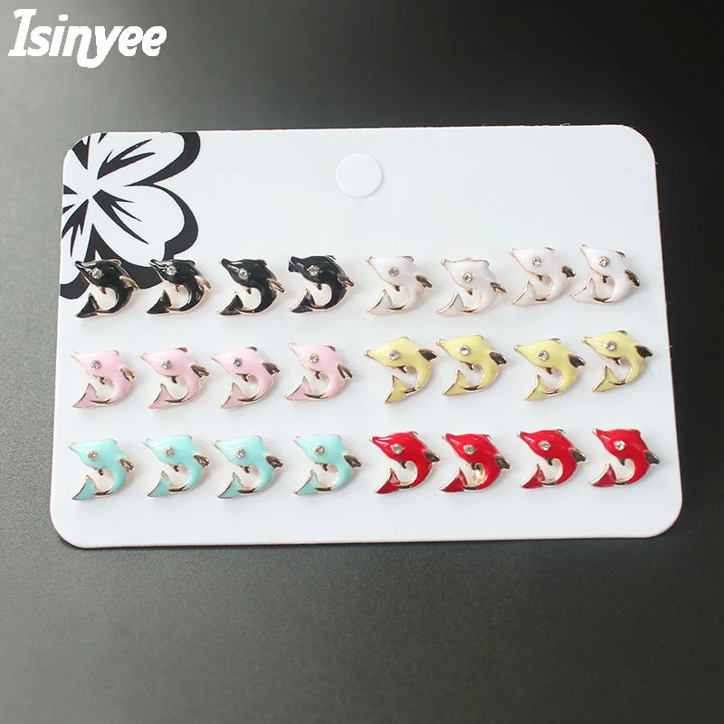 

ISINYEE 12 pairs/set Cute Enamel Dolphin Deer Animal Stud Earrings Sets For Women Girls Crystal Small Brincos Christmas Jewelry