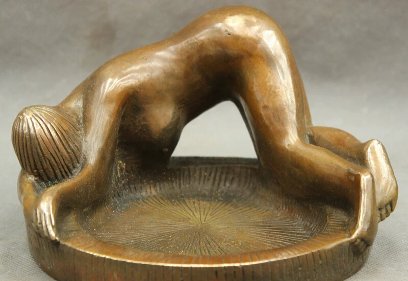 

JP S62 Folk Chinese Bronze Copper Art Nude Woman Beauty Belle Statue Sculpture Ashtray B0403