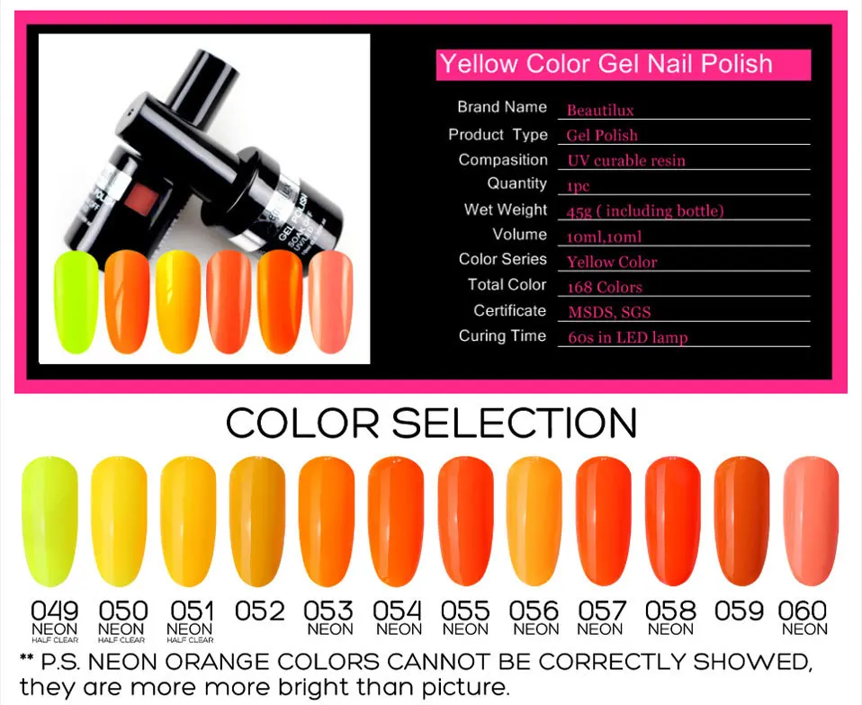 Beautilux Brand 1pc Organic Neon Yellow Orange Color Gel Polish Nail Art Gel Lacquer Nails Gel Varnish Esmaltes 10ml (1)