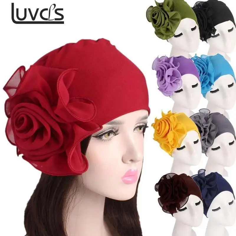 

Women Ladies Retro Big Flowers Hat Turban Brim Hat Cap Pile Cap