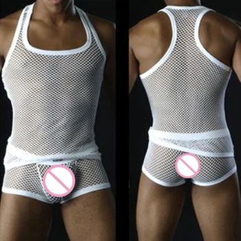 

Sexy Men Mesh Transparent Breathable Tank Tops Boxers Shorts Set See Through Sleeveless Black White Vest Undershirt Sets
