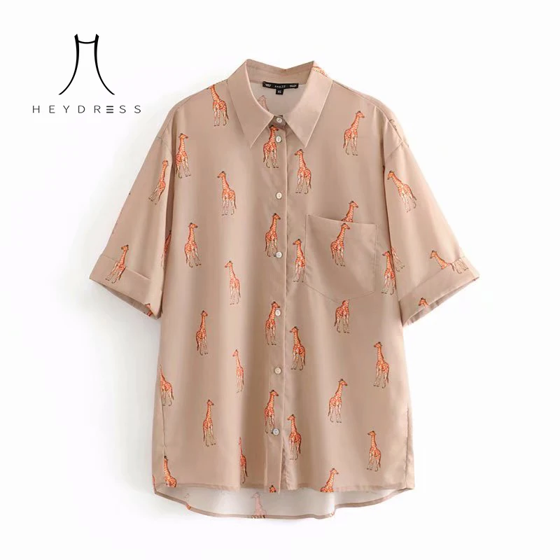 

Heydress Women Short Sleeve Giraffe Print Blouse Shirts Vintage Animal Print Female Loose Blouse Casual Street Wear Lady Tops