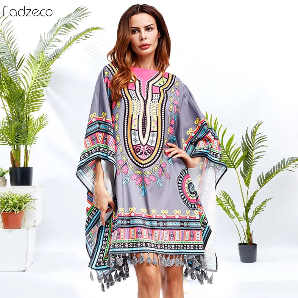 Fadzeco 2019 африканские платья для женщин Bazin Riche Dashiki вечерние праздничные рукава «летучая мышь» с принтом и кисточками, африканские платья