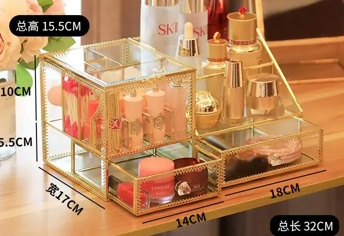 Dressing table cosmetic storage box glass European skin care finishing retro princess household lipstick brush cotton swab box - Цвет: gold edge and glass