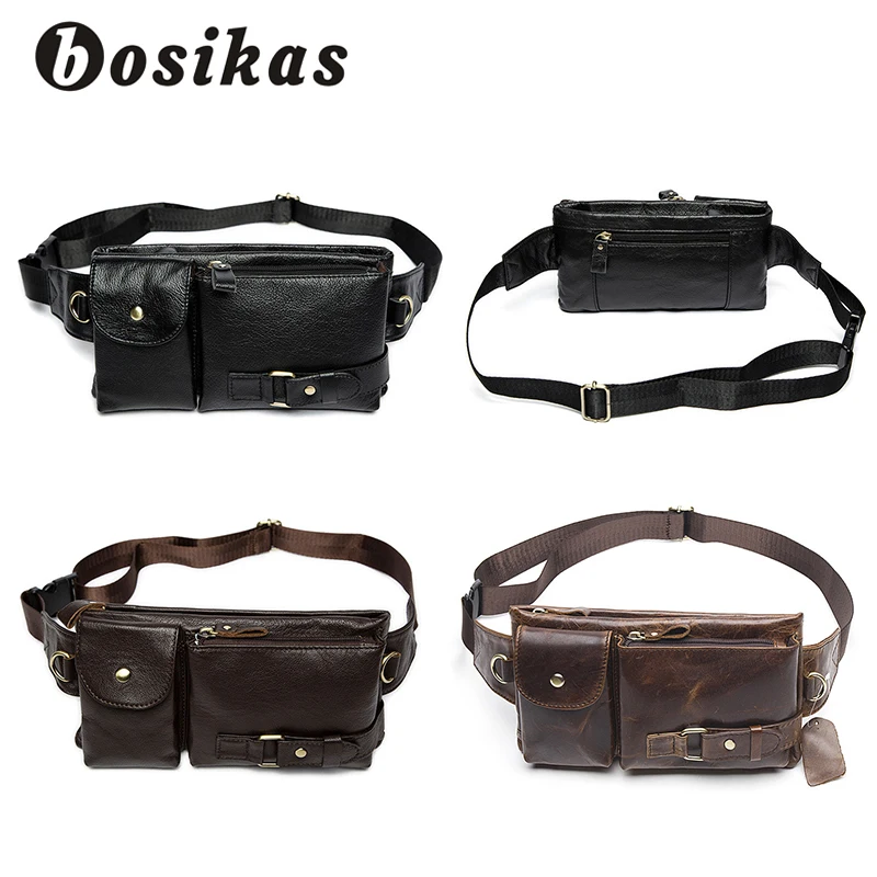 BOSIKAS الرجال الخصر حقيبة جلد أصلي للرجال أكياس غطاء إطار هاتف محمول السفر حزام نقود حقيبة جلد الخصر حزمة حزمة مراوح الخصور الحقيبة