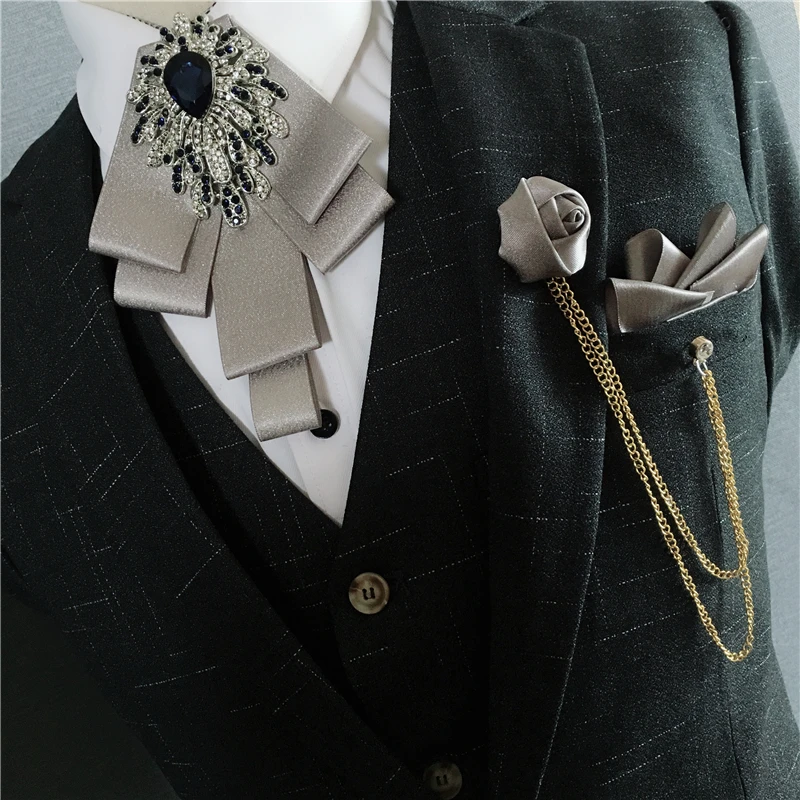 Мужская лента галстук-бабочка набор ручной работы жених свадебная рубашка кристалл галстук Стразы носовые платки с бантиком Брошь с цепочкой карман квадратный