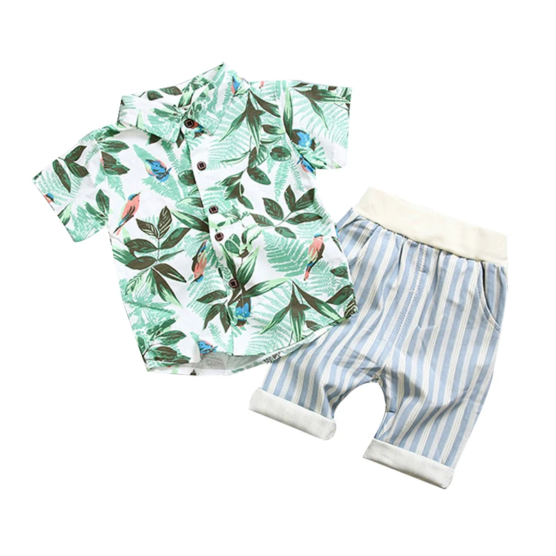 

2019 Baby Boys Clothes Sets Summer Cotton Hawaii tree Printed Child Sets 2PCS Shirt+striped Pants holiday Children Suit for kid