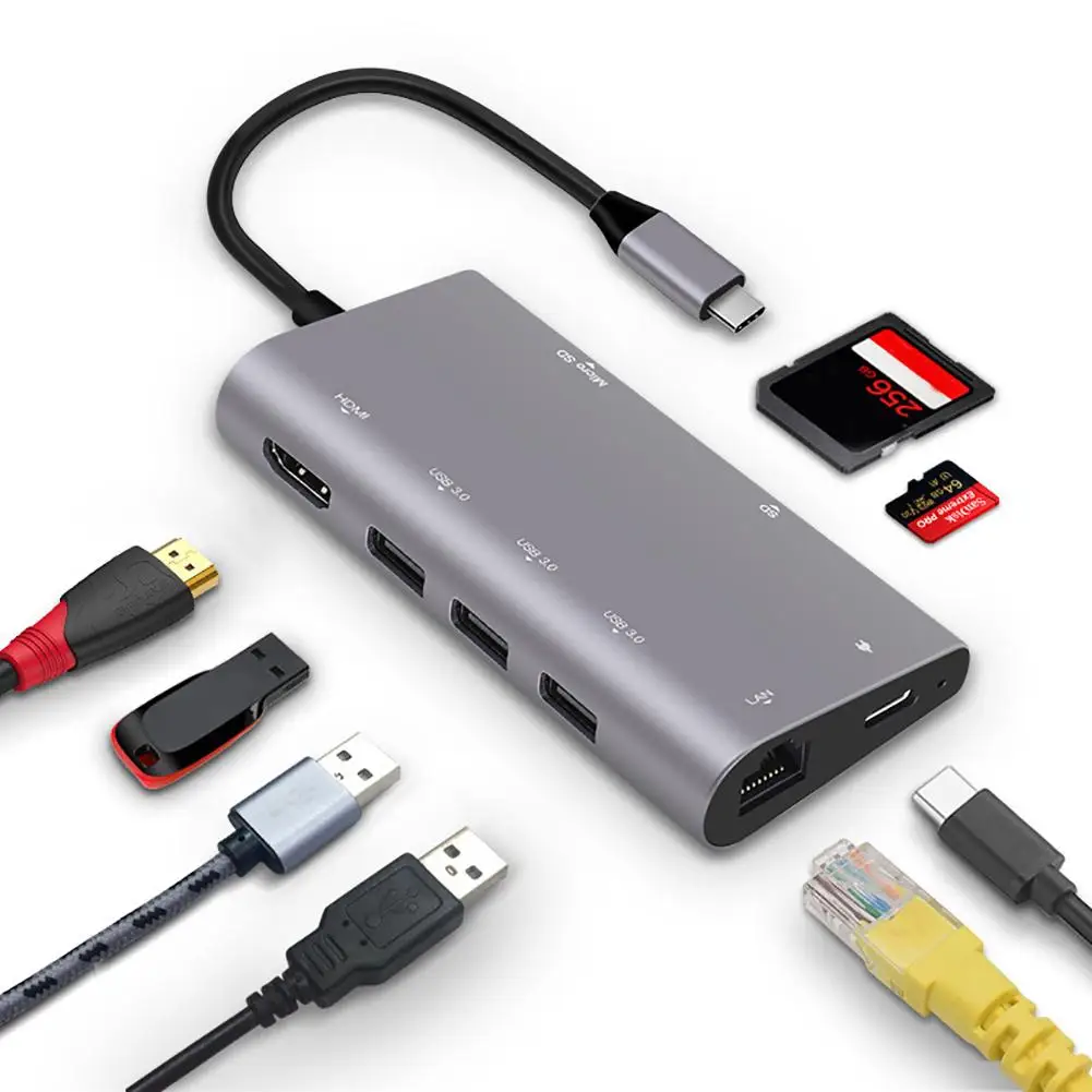 

8 in 1 RJ45 PD HDMI Card Reader USB Type-C Hub Station for MacBook Pro HP Dell