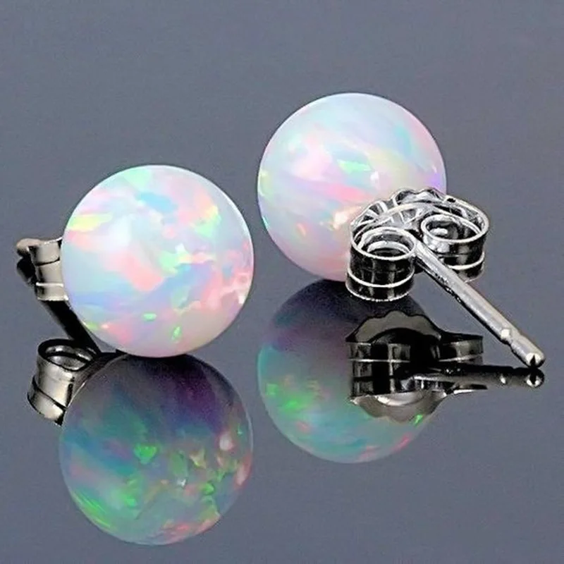 

Boho Female Small Ball Round Stud Earrings Fashion 925 Silver White Fire Opal Earrings Vintage Wedding Double Earrings For Women