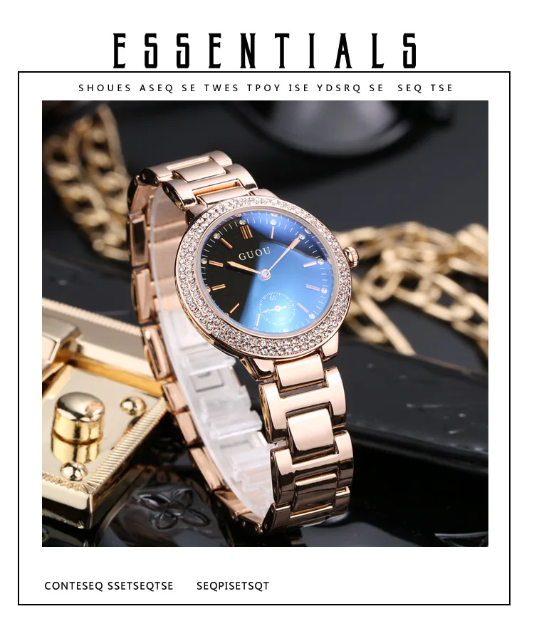 Модные брендовые повседневные Роскошные Часы Guou, сапфировые, синие, розовое золото, стальные часы, женские кварцевые часы с бриллиантами, водонепроницаемые женские часы