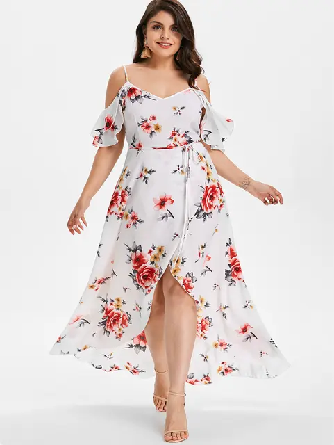 Us 1567 49 Offwipalo Plus Size Cold Shoulder Belt Overlap Dress Women Spaghetti Strap Half Sleeves Floral Print Dresses Bohemian Beach Dress In