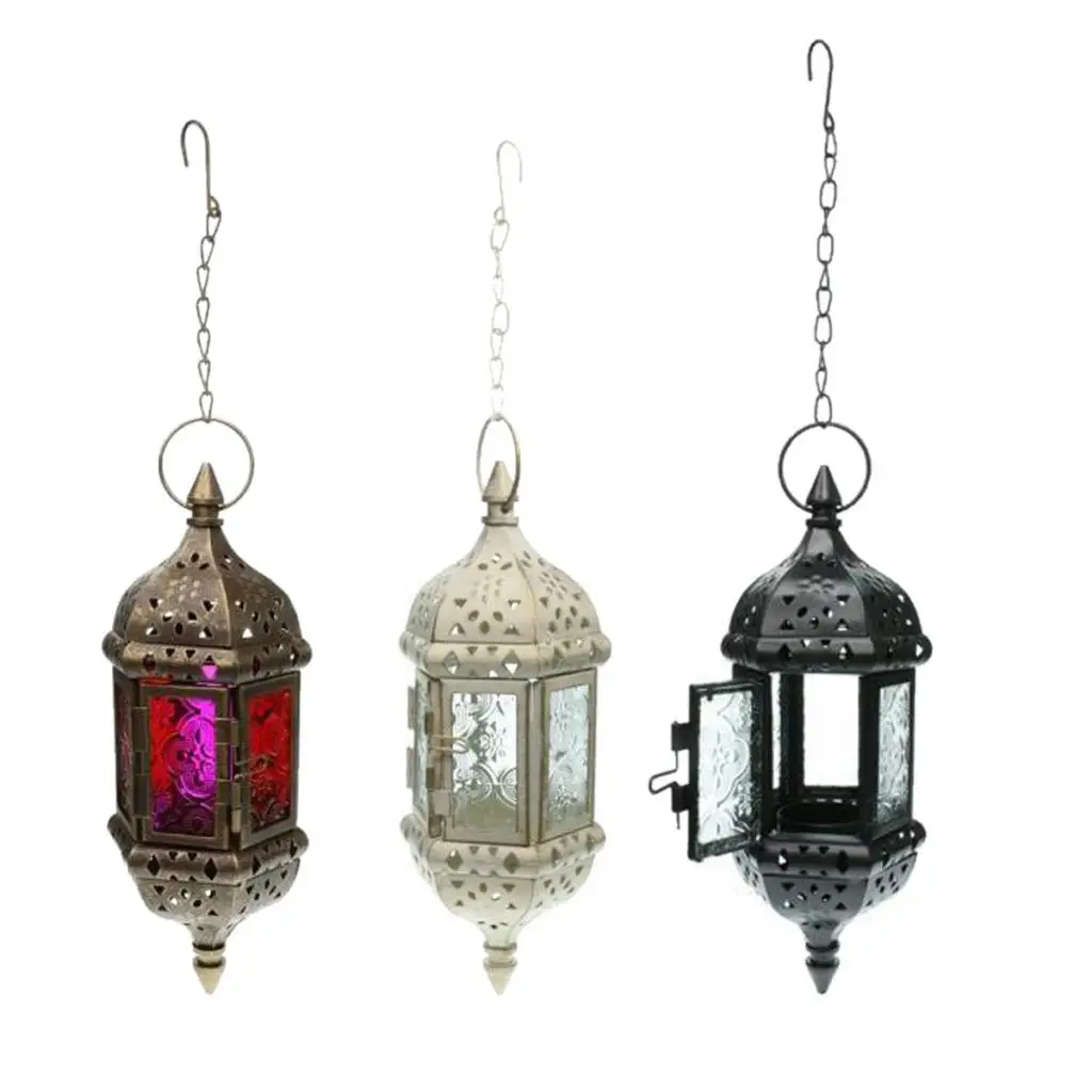 Set 3PCS Glass Hanging Moroccan Candle Lanterns Hurricane Candle Lamp Tea Light Candleholder With 66cm Iron Chain