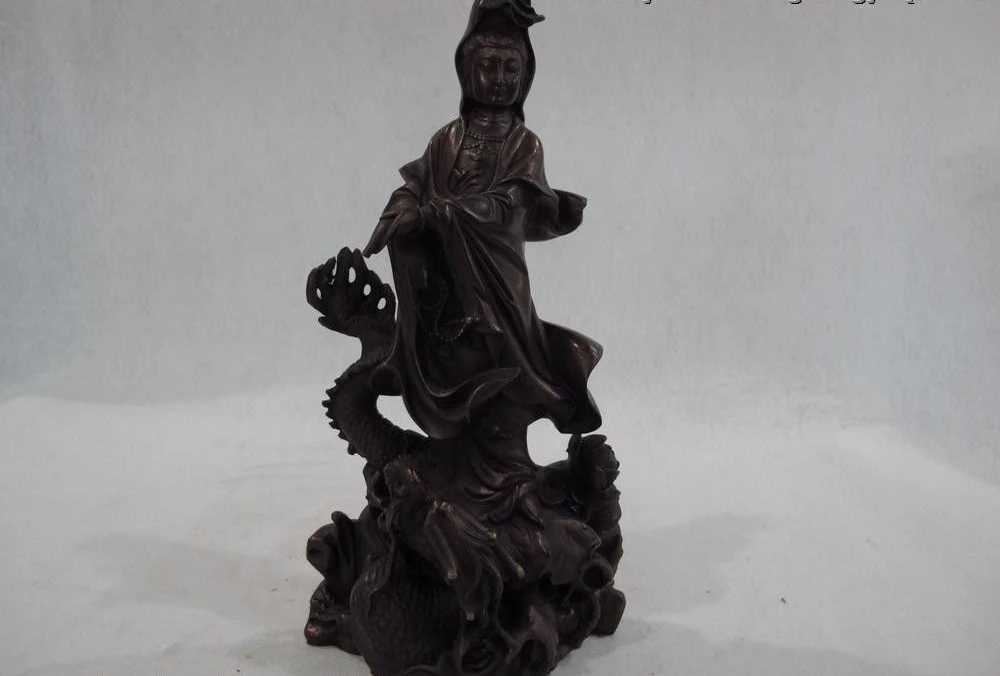 

Chinese Pure Copper Bronze GuanYin Kwan-Yin Bodhisattva Sit on Dragon Statue