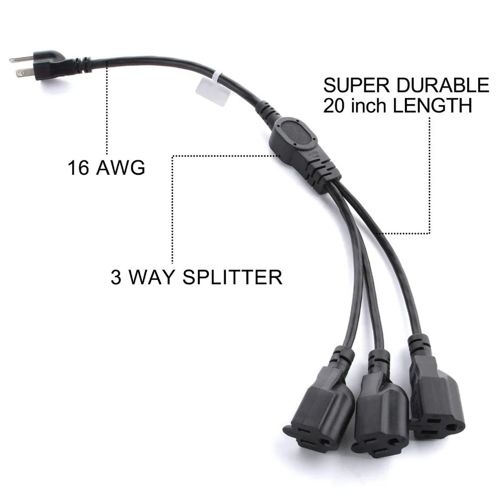 1-to-3 разветвитель кабеля Мощность удлинитель 20 дюймов(50 см) кабель полосы на выходе Saver-16AWG штепсельная вилка стандарта США