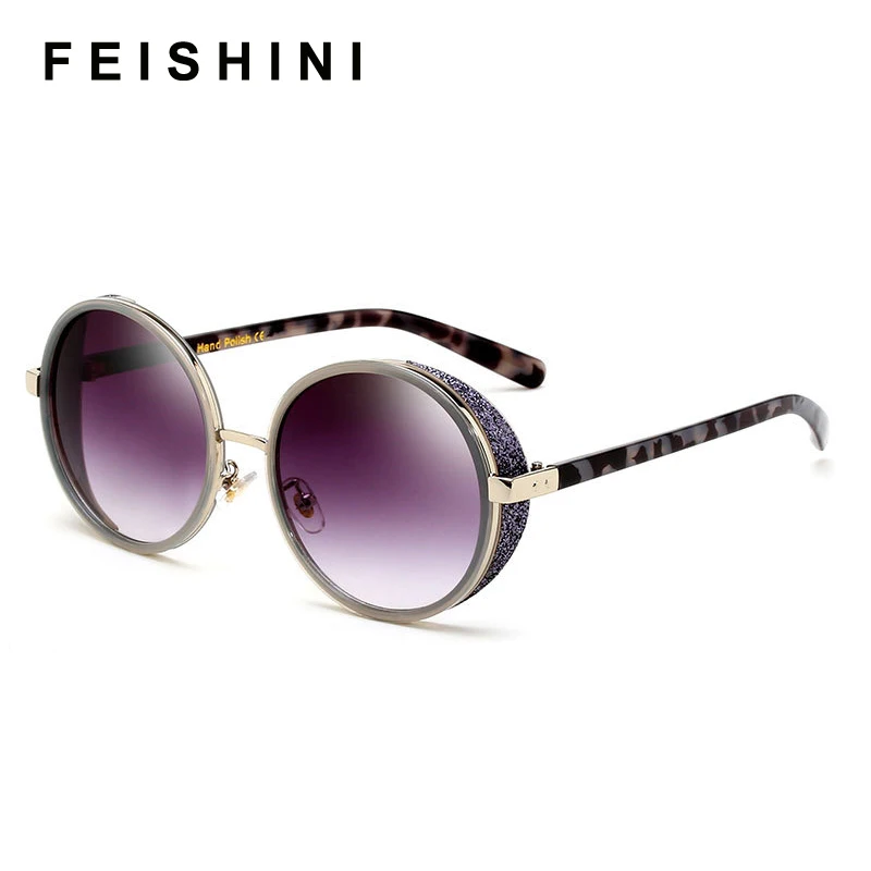 FEISHINI Gothic Steampunk Round Sunglasses Mujer Mirror Sunglasses Fashion Sun Glasses For Women Vintage Oculos Female Shades