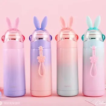 

350ML Cute Rabbit Ear Travel Thermos Cup Stainless Steel Vacuum Cup with Holder Portable Outdoor Water Bottle Vacuum Flasks