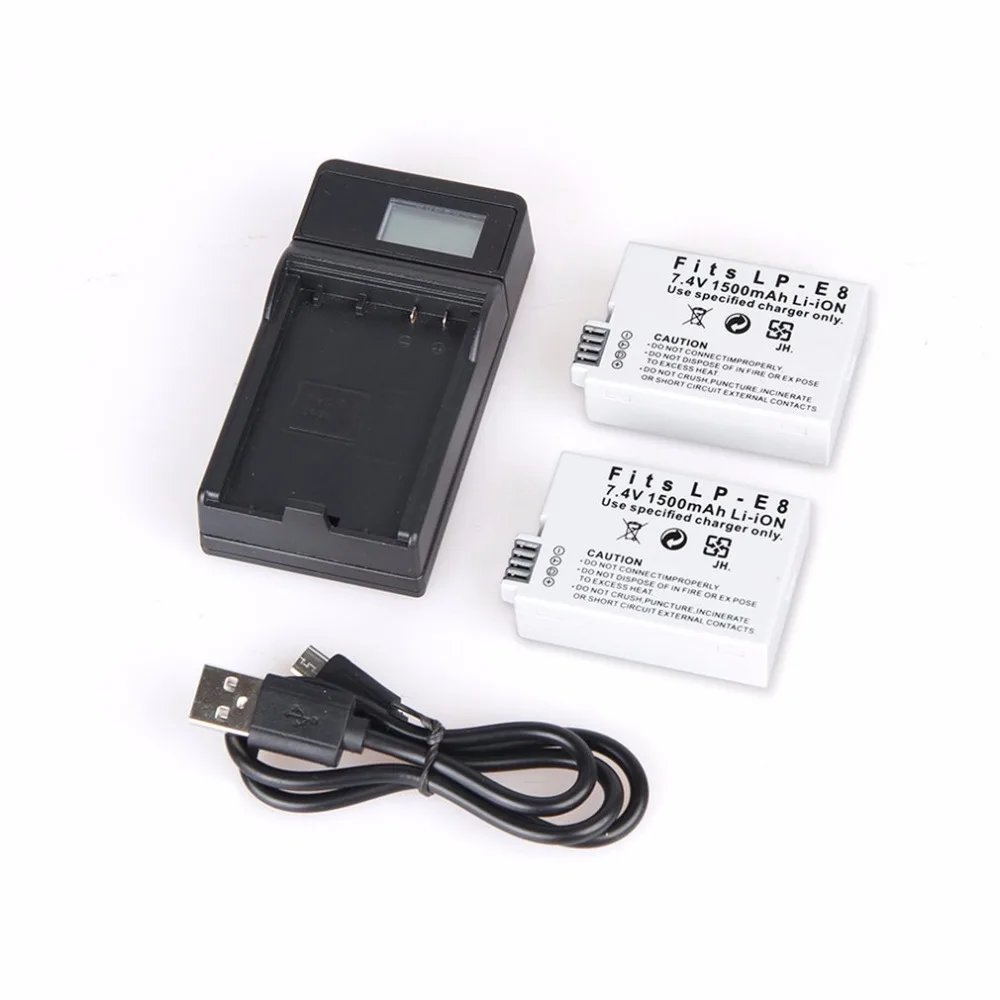 2pcs LP E8 Camera Batteries + LCD Camera Battery Charger with Single