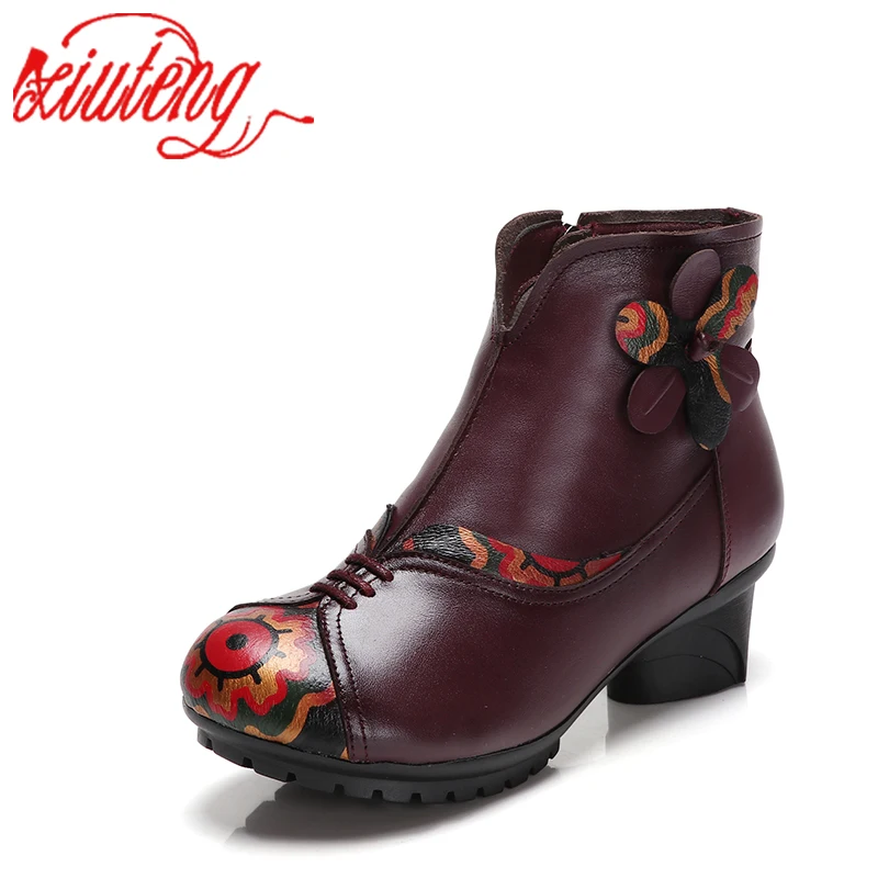 

Xiuteng 2018 Vintage Style Genuine Leather Women Boots Med-Heel Booties Soft Cowhide Women's Shoes Lateral Zip Ankle Boots New