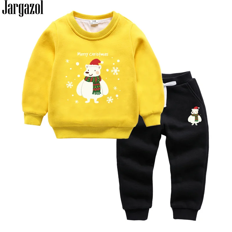 

Jargazol Toddler Girl Clothing Set 2018 Winter Merry Christmas Bear Printed Casual Boys Clothes Fleece Thickened Kids Outfit
