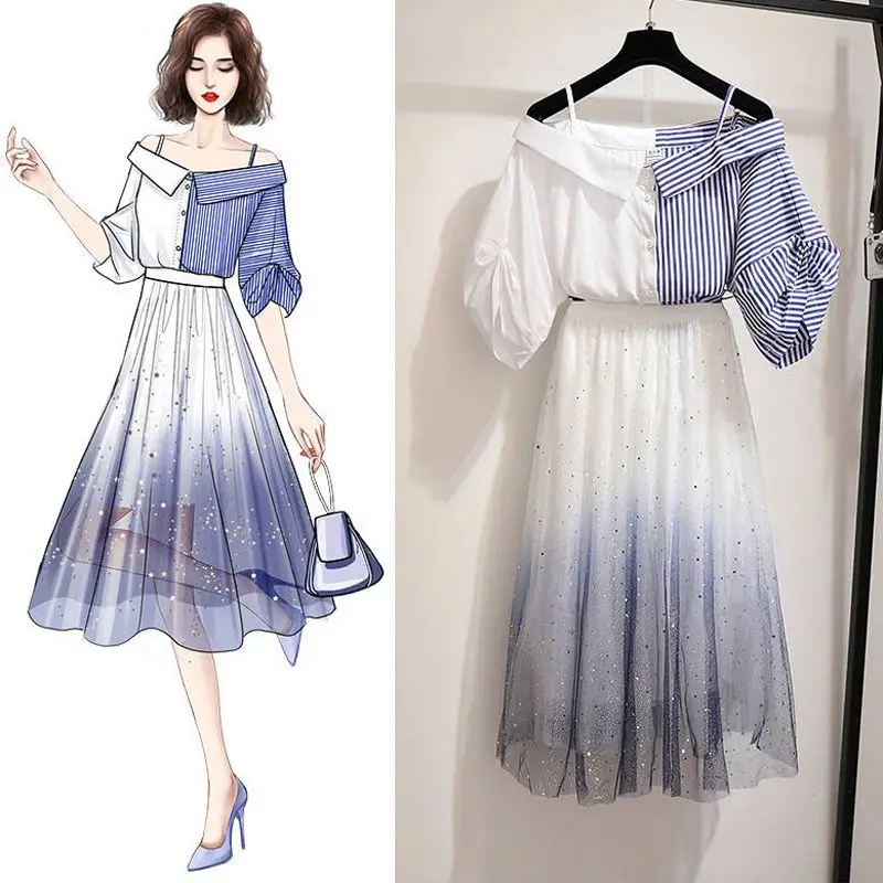 

New Summer Women 2 Two Piece Set Female Striped Tops Blouse Shirts + Mesh Skirt Tracksuit Ladies Vintage Fashion Slim Suits F116