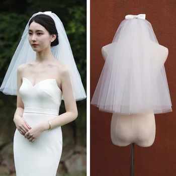 

Short Wedding Veil With Comb 2-layer cut edge Women Wedding Accessories with bow White Bridal Veils