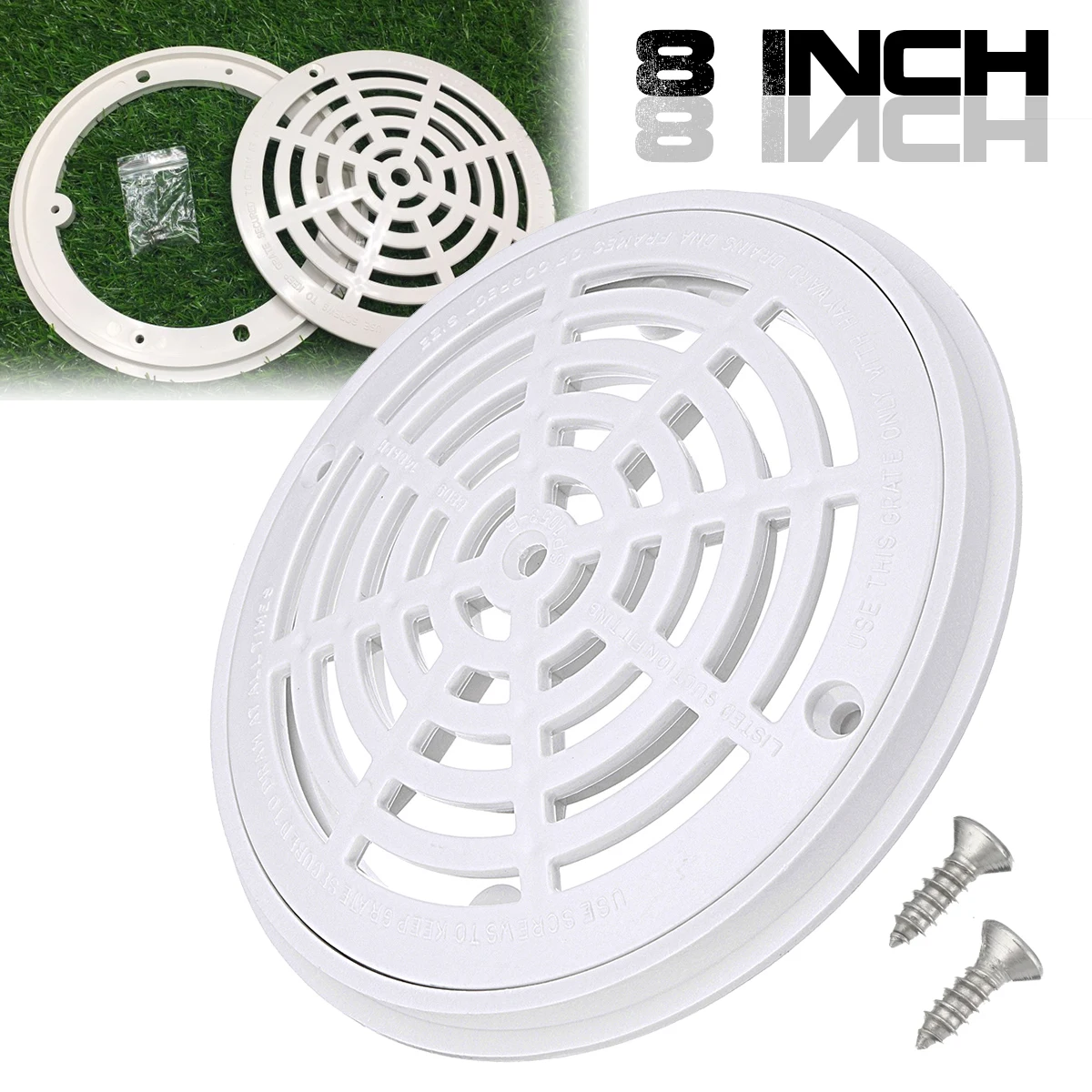 

Swimming Pool Main Drain Cover 8-Inch with 2 Screws White Universal Outdoor Drainage Grate for Swimming Pool Cover Replacement