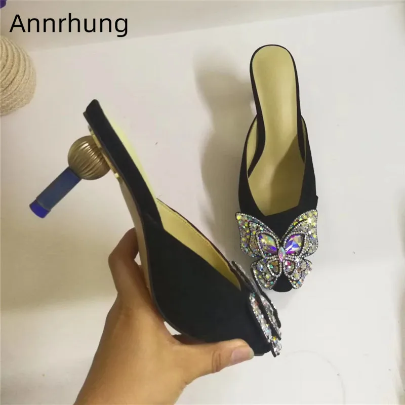 

Luxury Crystal Butterfly Slippers Women Strange Heel Shoes Pointed Toe Asymmetrical Heel Slingback Shoes Rhinestone Slippers