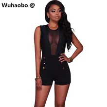 Wuhaobo Summer short playsuit women mesh sleeveless bodysuits 2017 New casual women overalls buttons shorts rompers femme