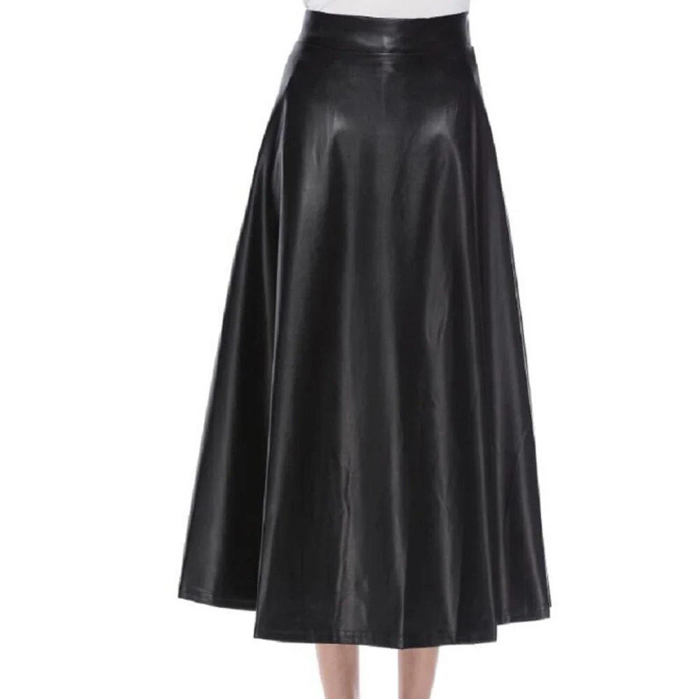 Summer Winter High Waist Pleated Skirts Womens Elegant A Line Black PU ...