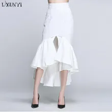 LXUNYI Весенняя новая юбка русалки для женщин с высокой талией тонкая элегантная юбка летняя мода с оборками Длинные тонкие женские юбки белые