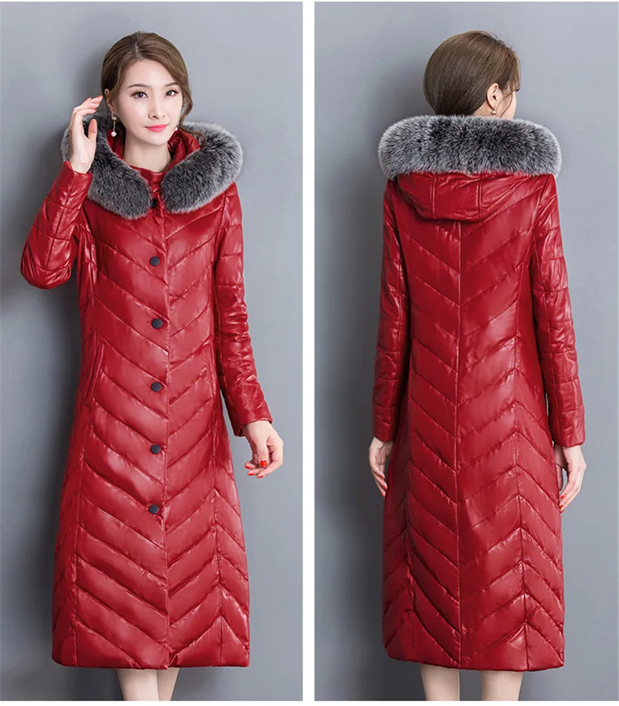 Зимняя Женская Длинная кожаная куртка, верхняя одежда размера плюс, женские куртки высокого качества, воротник лисы, уплотненный пуховик из искусственной кожи, пальто