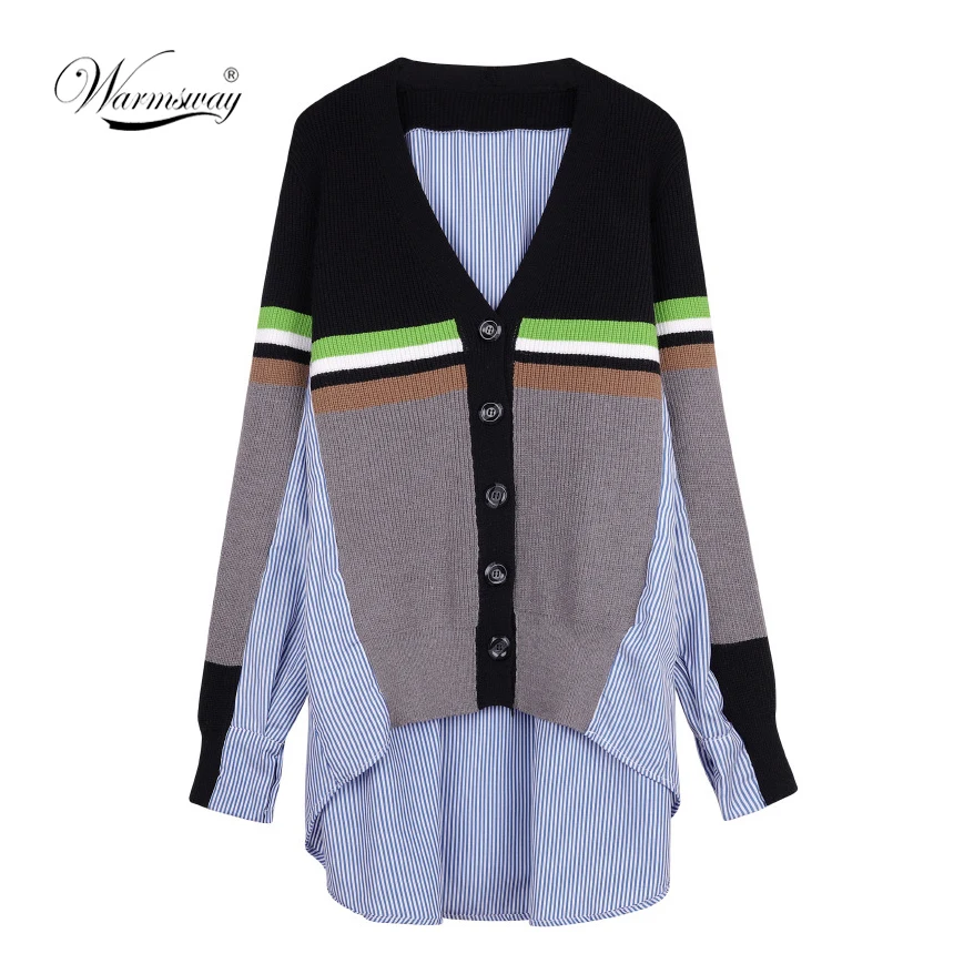 

Plus Size Striped Cardigan 2019 New Spring Button Shrug Women Cardigan Color Block Coat Patchwork Knit Top Runway Outwear C-061
