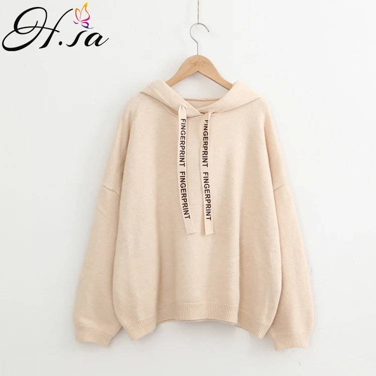 

H.SA 2019 Spring Hooded Sweater and Pullovers Casual Letters Print Knit Jumpers Candy Color Yellow Knit Oversized Sweater