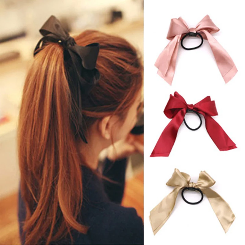 

AHB Hair Accessories Korean Satin Hair Bows Hair Rubber Band for Women/Girls Solid Elastics Hair Ties Scrunchies Women Headwear
