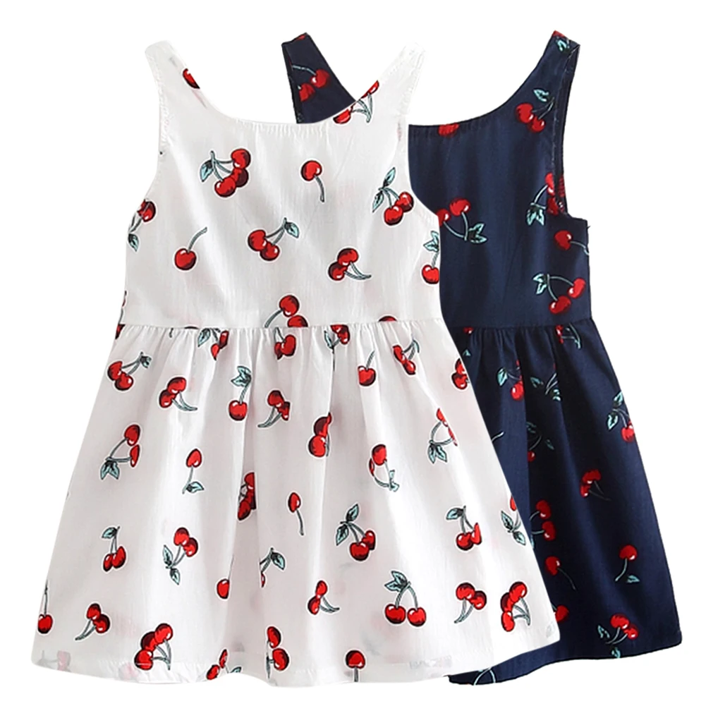 

2019 Baby Girls Dress Summer Cherry Print A-line Sleeveless Princess Dresses Kids Cotton Party Dress Children Clothes for 3-11Y
