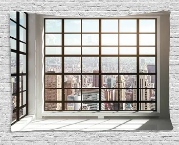 

Modern Decor Tapestry Urban City View of Apartments from Square Shape Windows Photo Wall Hanging