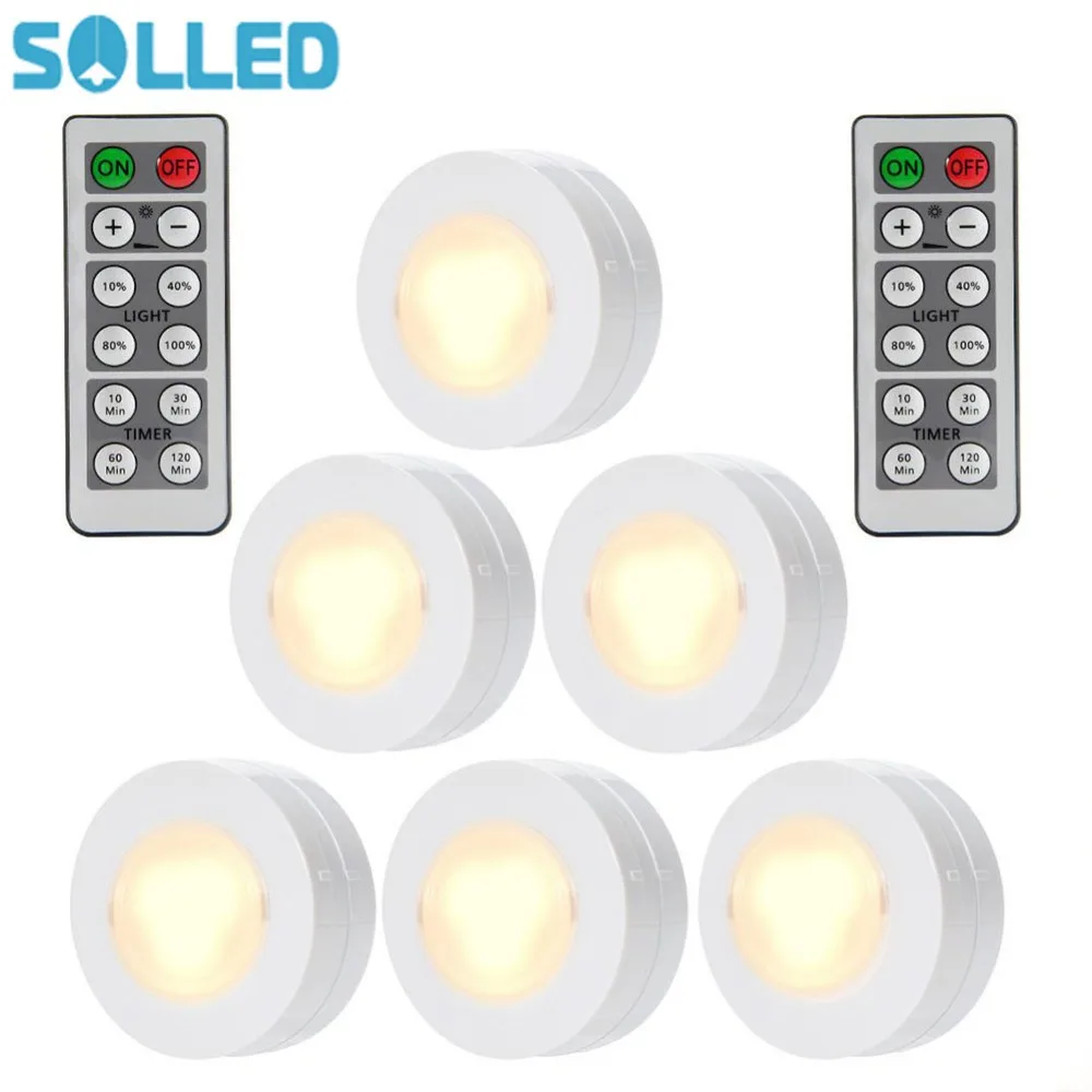 

SOLLED 6pcs LED Puck Lights Remote Controlled Closet Lights Super Bright Under Cabinet Lighting Round Shape Battery Powered