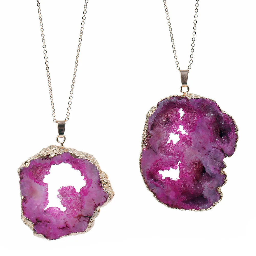 DoreenBeads Natural Created Quartz Crystal Drusy Necklace Link Cable Chain Gold color Irregular Fuchsia Pendant 55cm -47cm 1 PC | Украшения