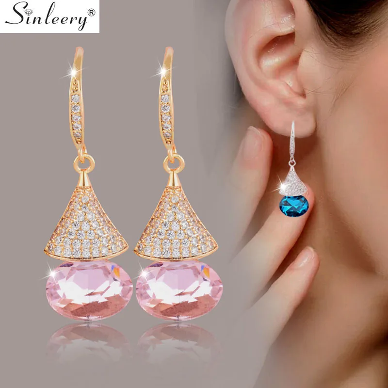 

SINLEERY Dazzling CZ Stones Pink Blue Zircon Earrings Women Gold Silver Color AAA Cubic Zirconia Earring ES540 SSC