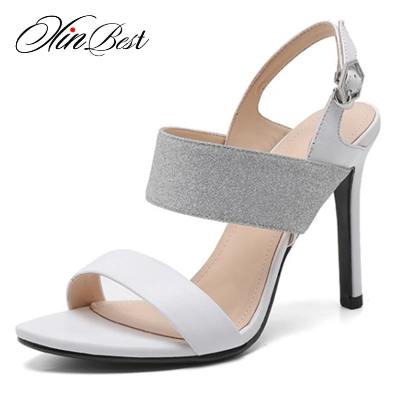 

Xinbest Summer Sandals Women Buckle Strap Black Peep Toe Sexy Party Super High Heels Mixed Colors Thin Heels Shoes Women 2019