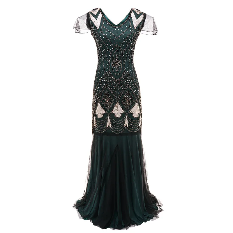 1920s винтажное платье в стиле Грейт Гэтсби с хлопушкой, женские вечерние платья с v-образным вырезом для танцев, 1 шт., вечерние платья с блестками и бусинами для банкета, длинные платья с короткими рукавами - Color: Green